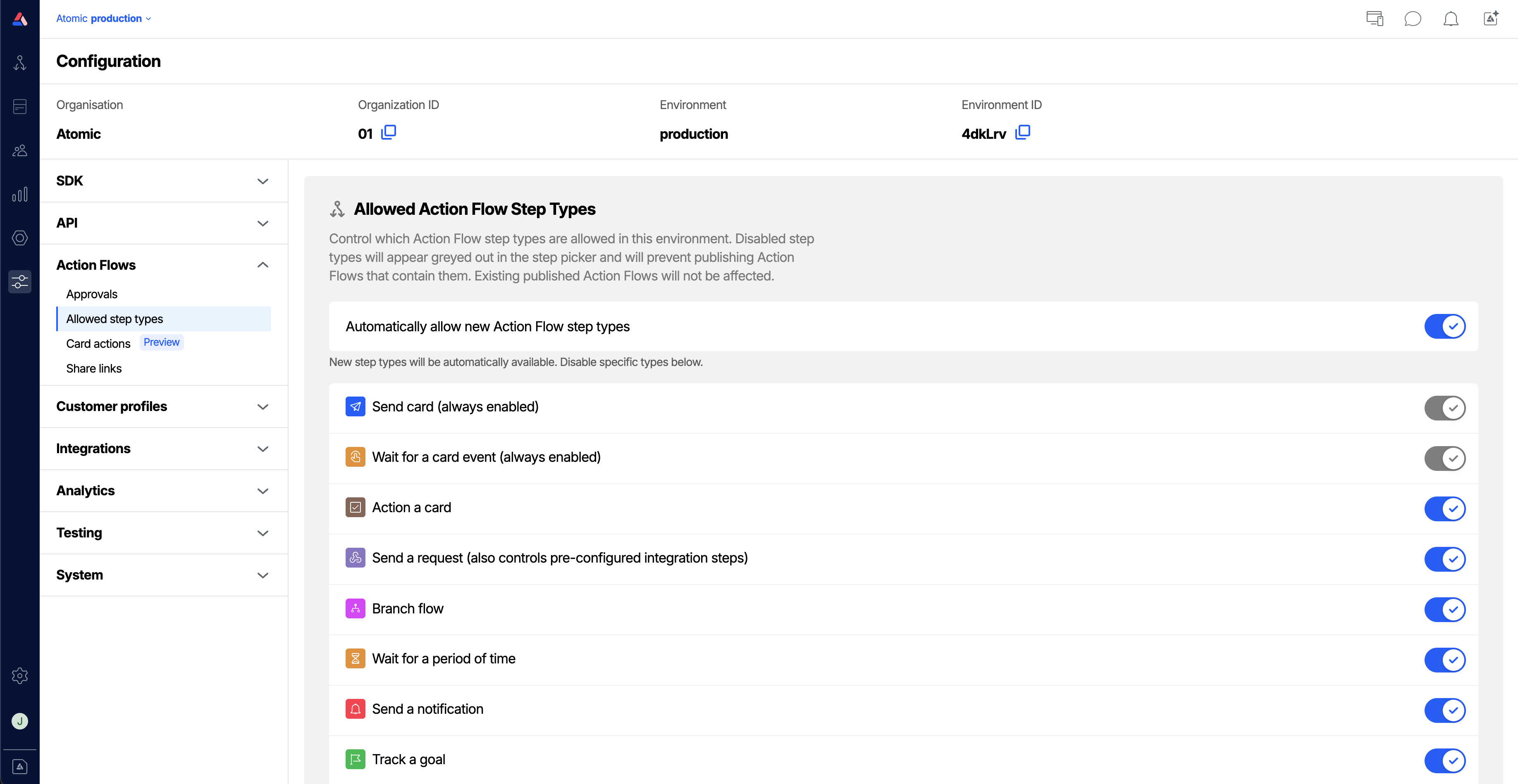 The Action Flow Step Types configuration page, showing a list of step types with toggle switches