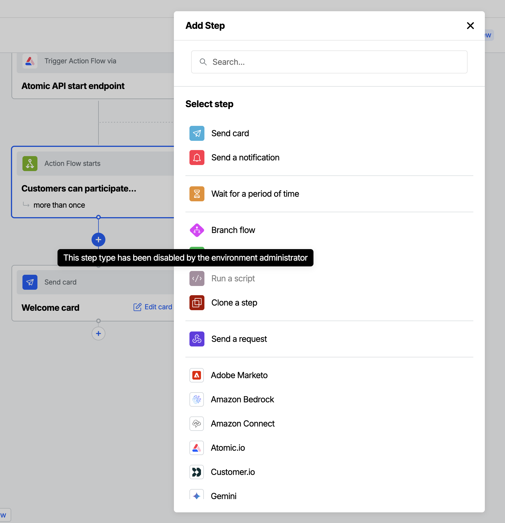 The Action Flow Add Step Wizard with a step type disabled