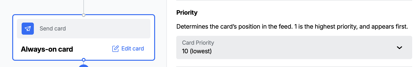 The create-card step's card options panel with priority set to 10