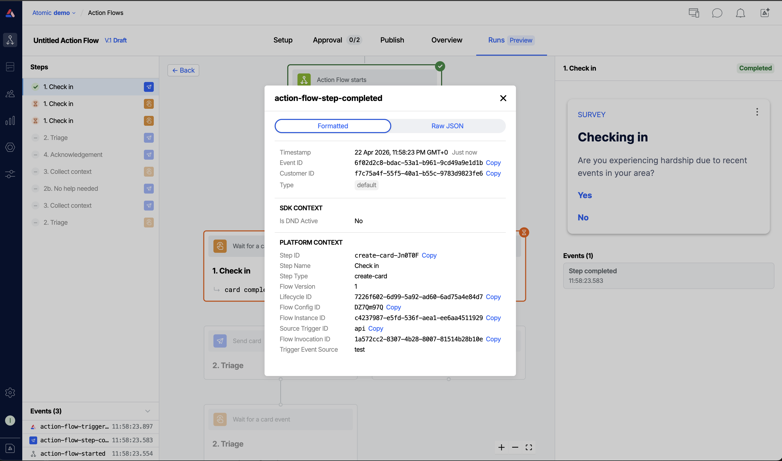 A modal showing a specific analytic event from a step