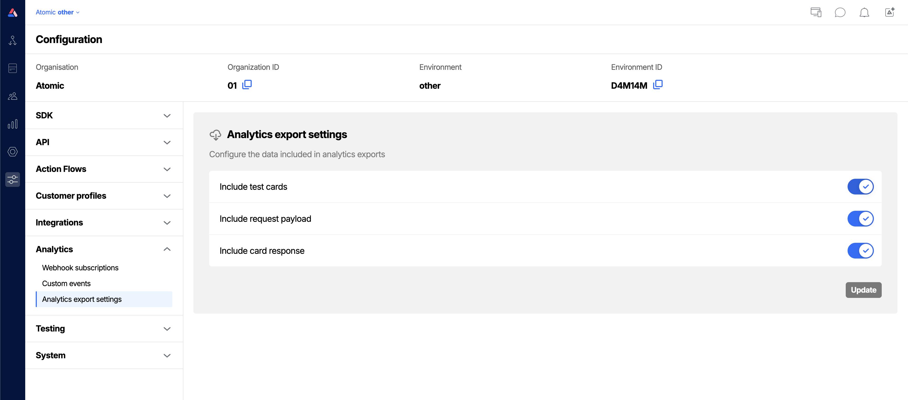 Workbench view of analytics export settings