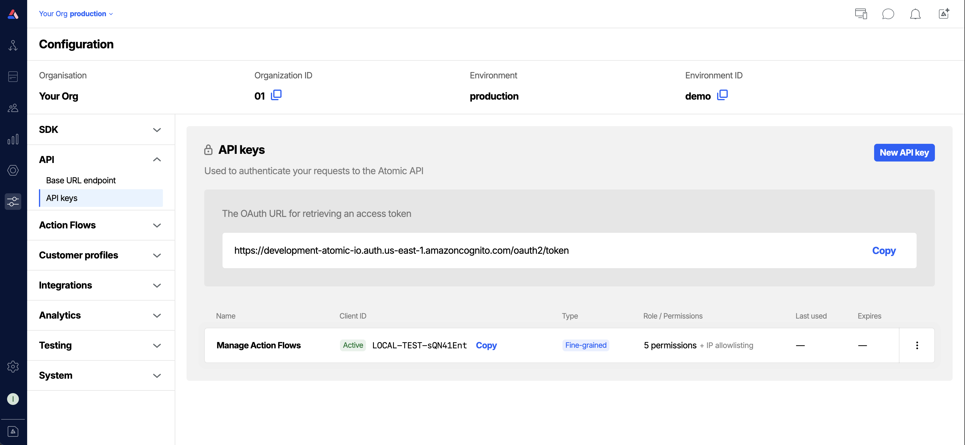 Workbench view of API keys