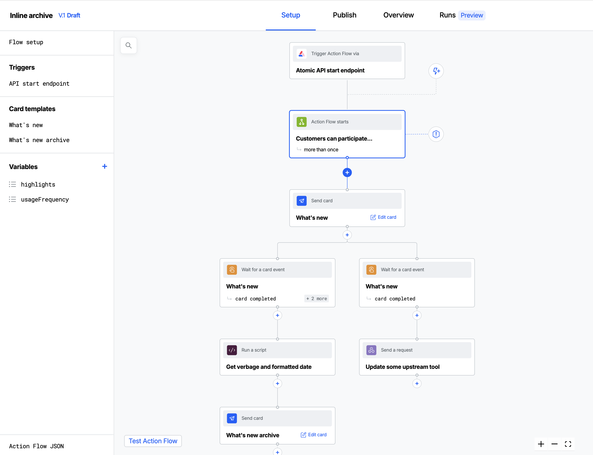 The Inline archive Action Flow in the Workbench editor: a What's new Send card step branches into two Wait for a card event steps - one leading to a Run a script step then a What's new archive Send card step, the other leading to a Send a request step that updates an upstream tool.