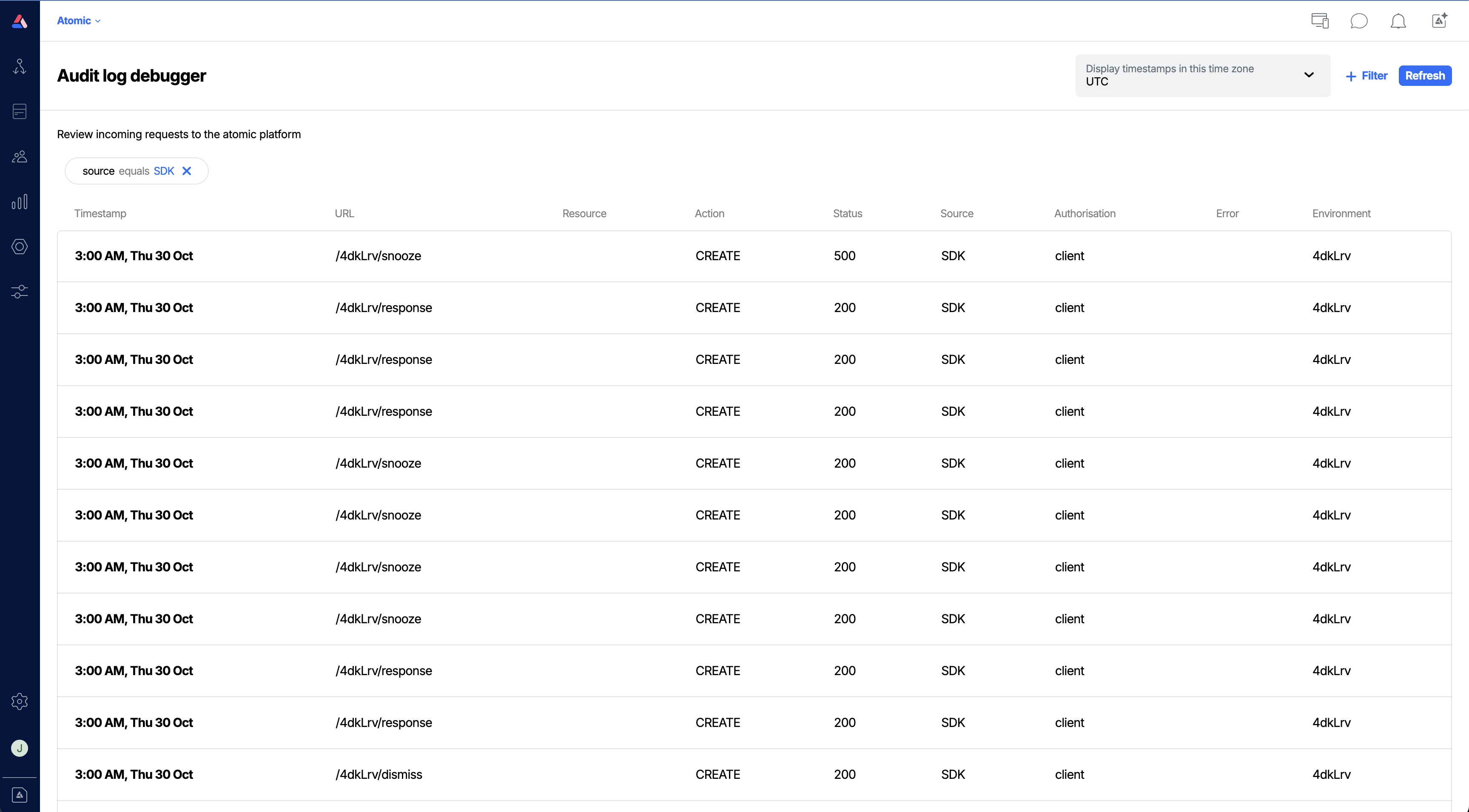 Workbench view of Audit Log data