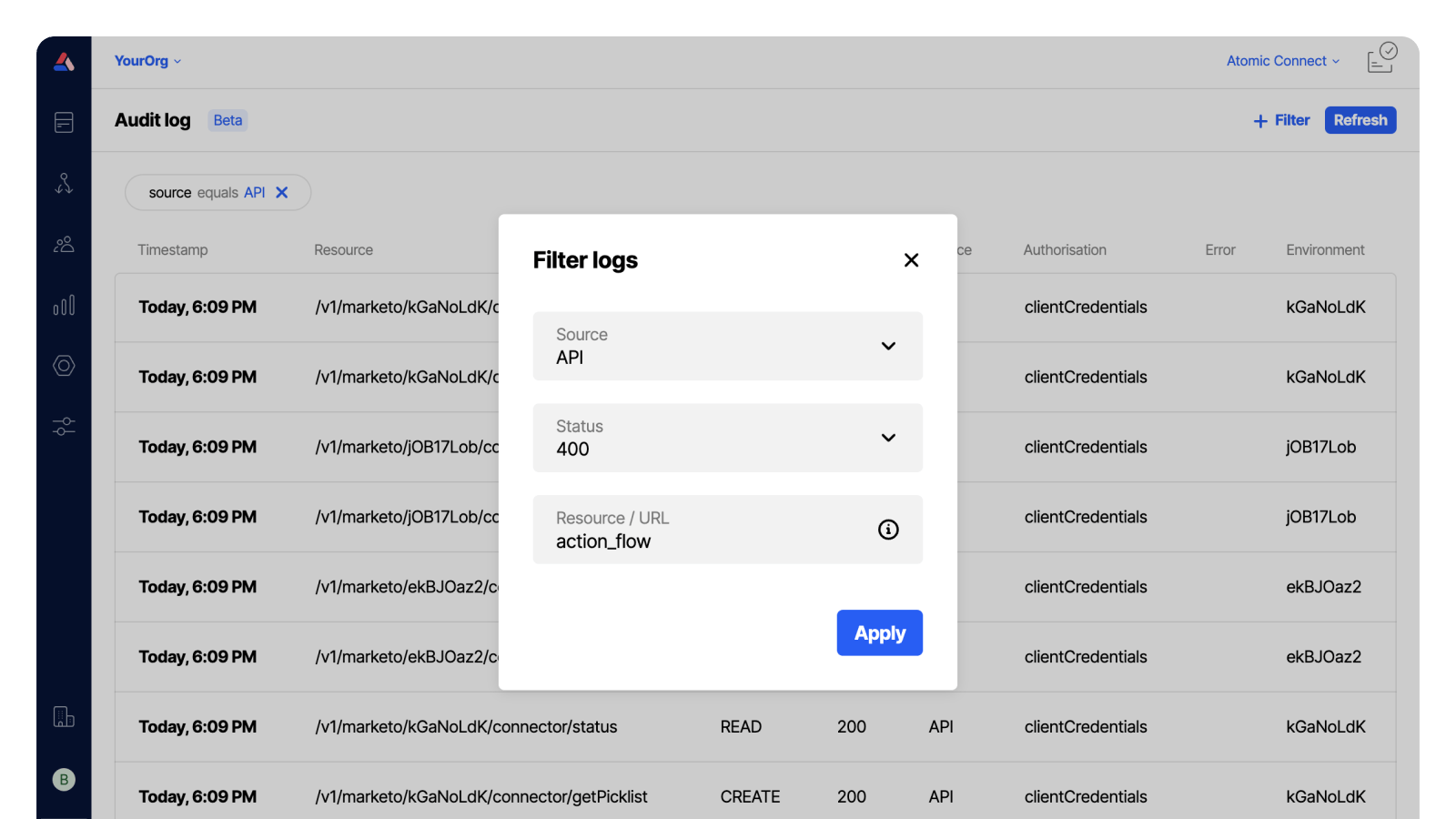 Workbench view of Audit Log data filter options