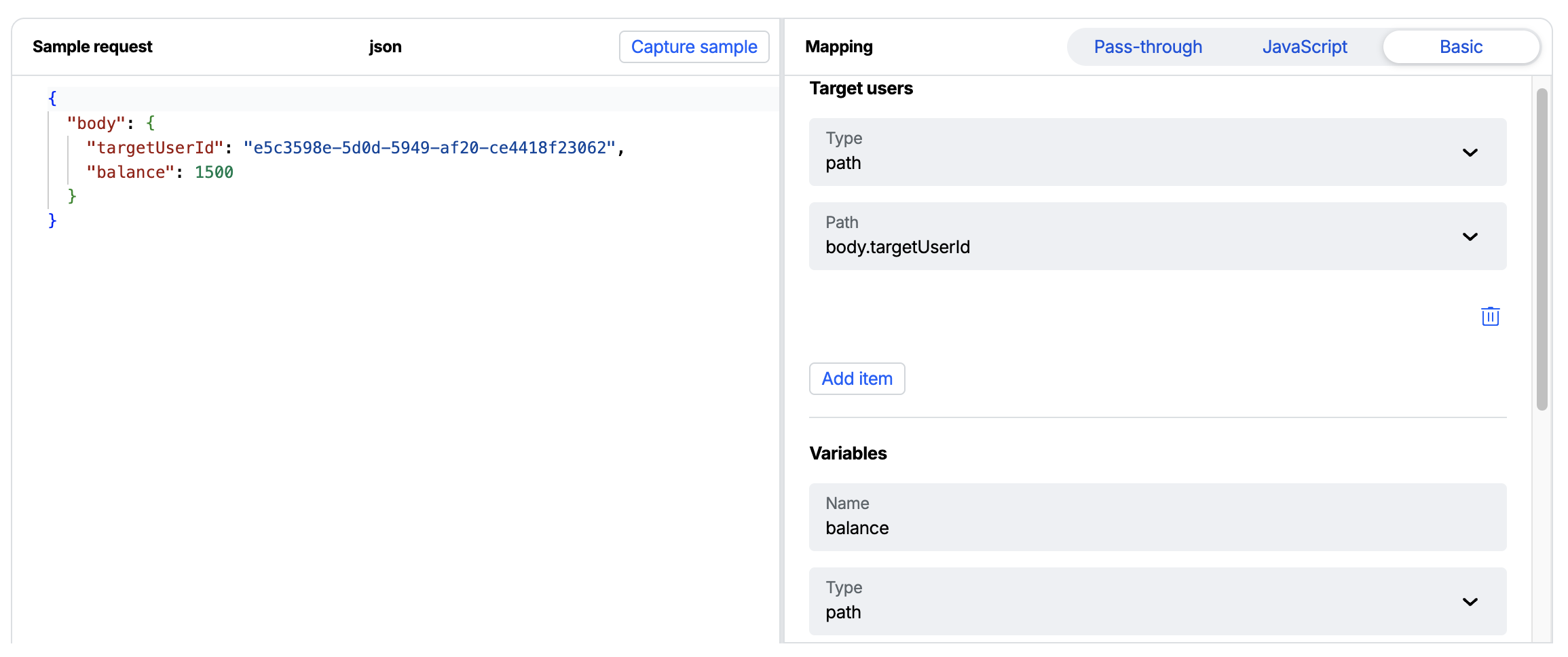 Screenshot of a basic mapping of the example payload to targetUserIds and an Action Flow variable