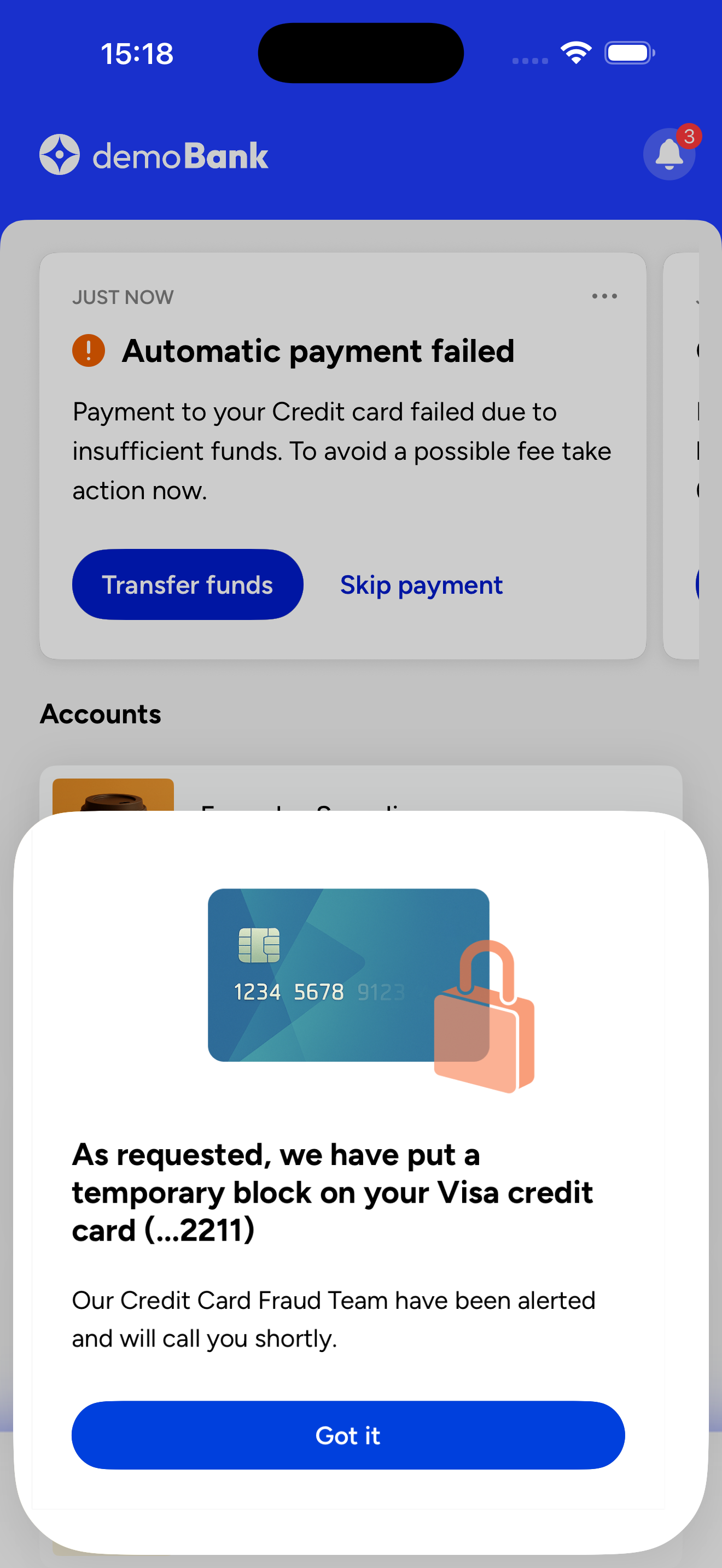 A card presented in a bottom sheet over the accounts screen of the Atomic Explore demo app