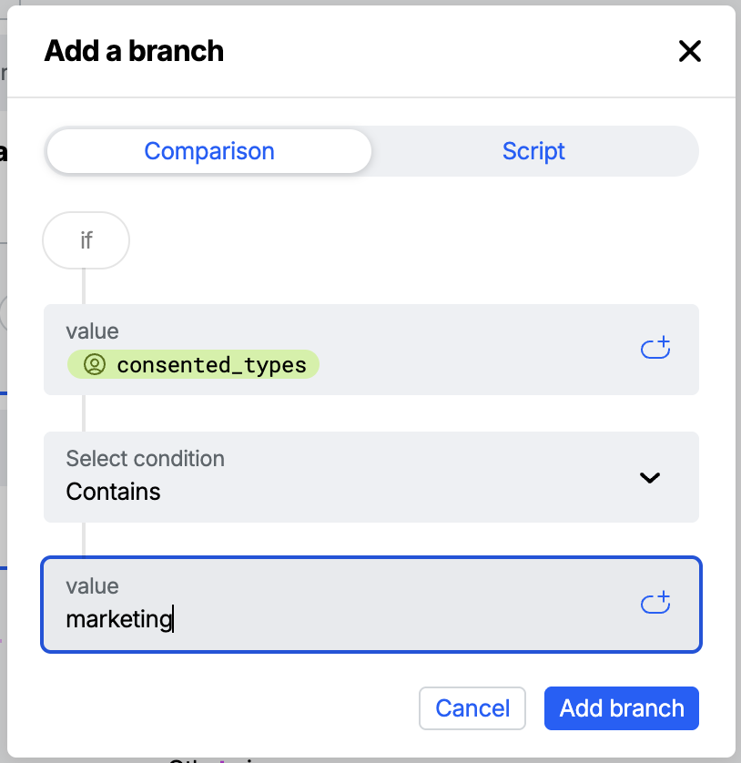 Workbench view of a Branch flow step configured to check the consent custom field