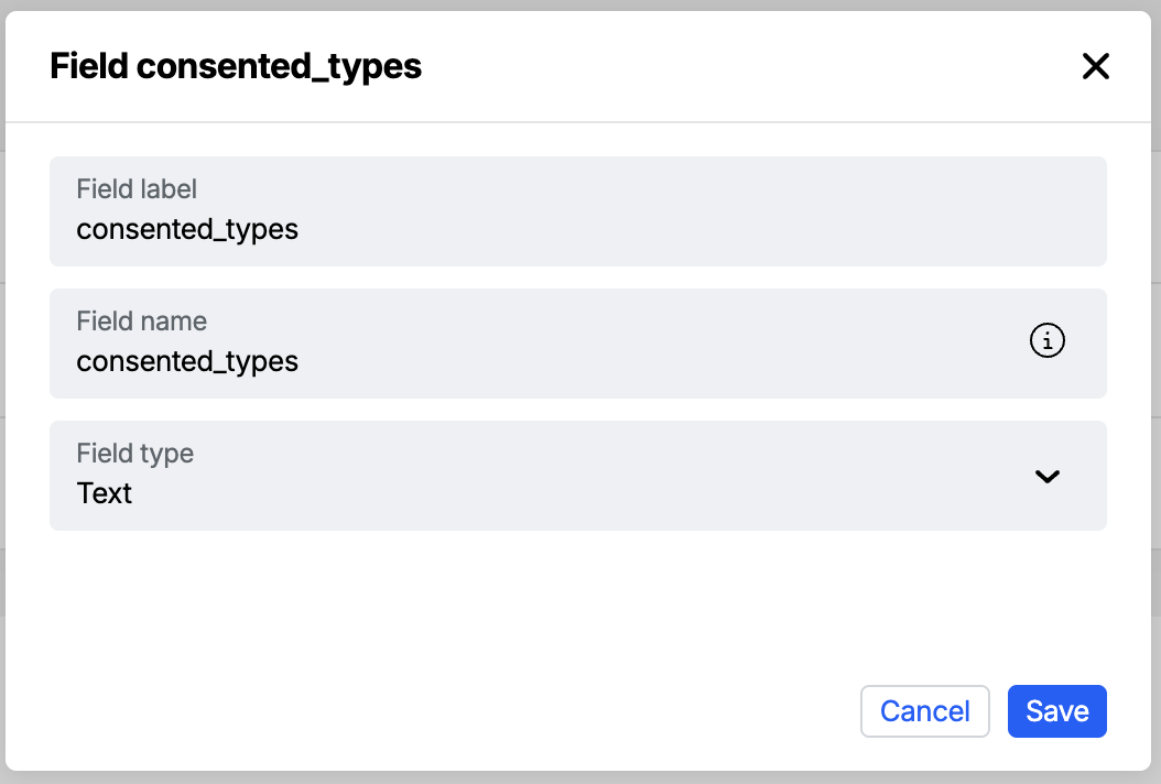 Workbench view of choosing the type for a consent custom field