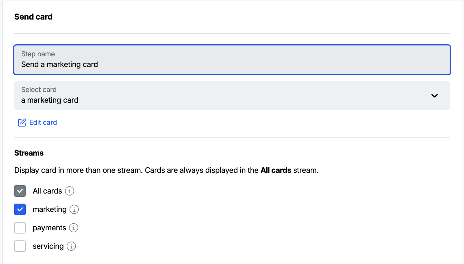 Workbench view of a send a card step targeting a category's stream in its delivery settings