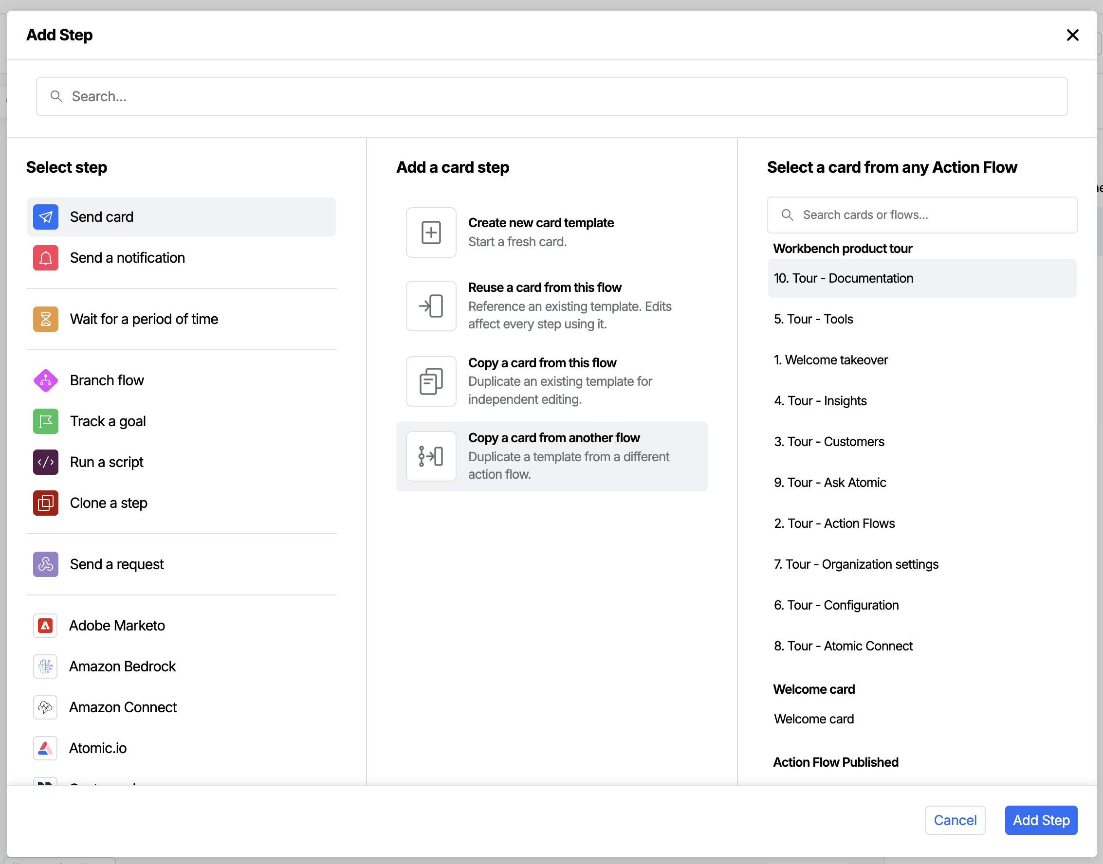 The Add Step picker with Copy a card from another flow selected and card templates grouped by Action Flow name.