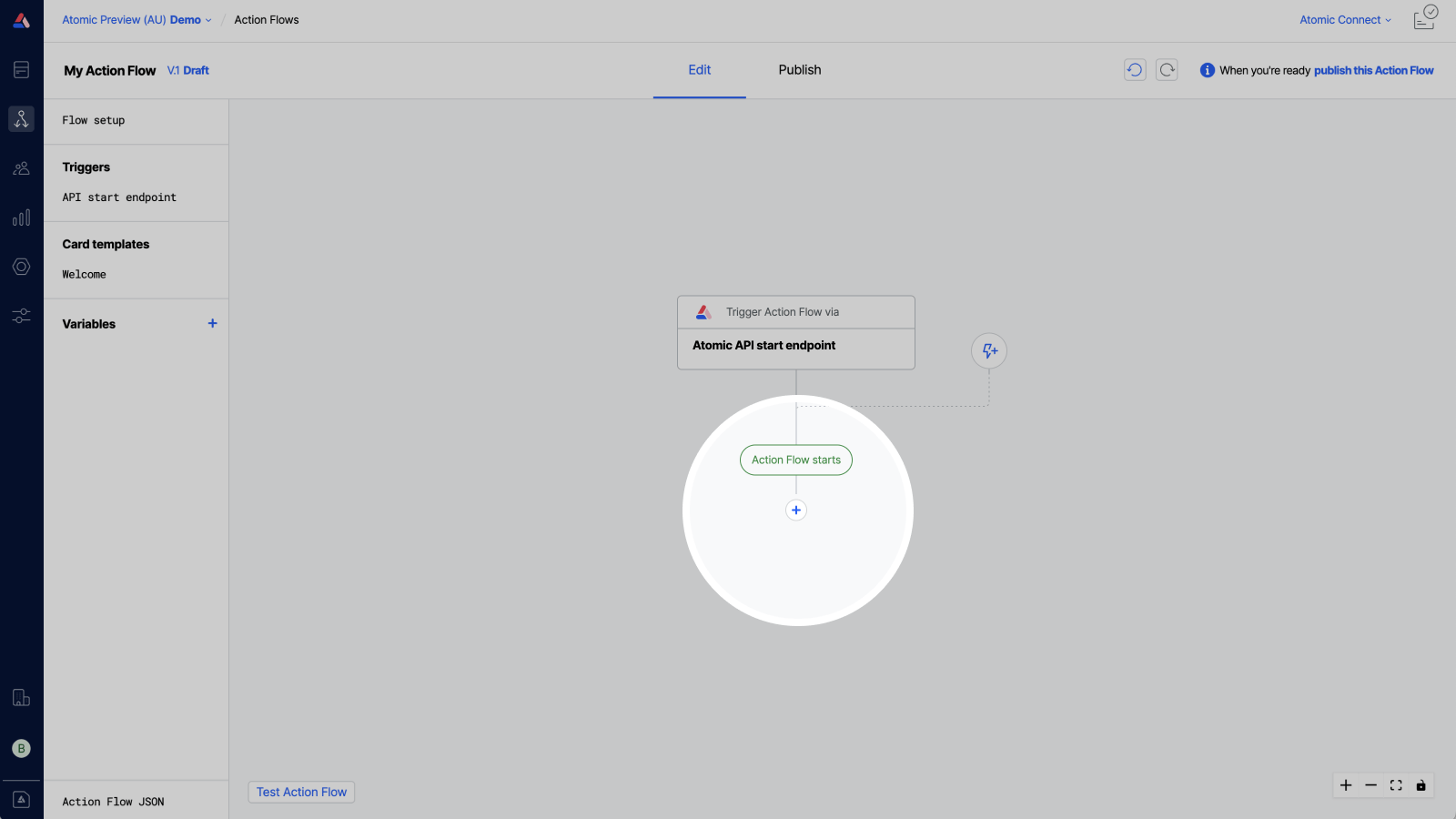 Workbench view of Action Flow canvas with a blank Action Flow