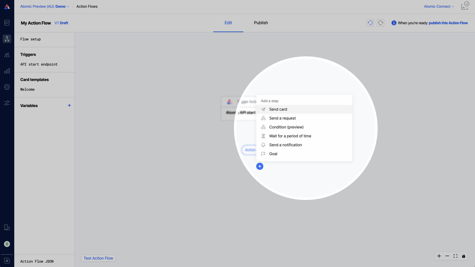 Workbench view of Action Flow canvas with a blank Action Flow