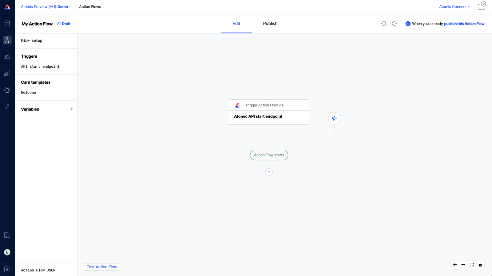 Workbench view of Action Flow canvas with a blank Action Flow