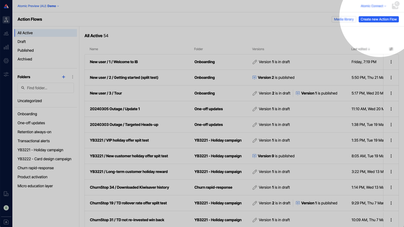 Workbench view of Action Flow list with focus on the create new flow button