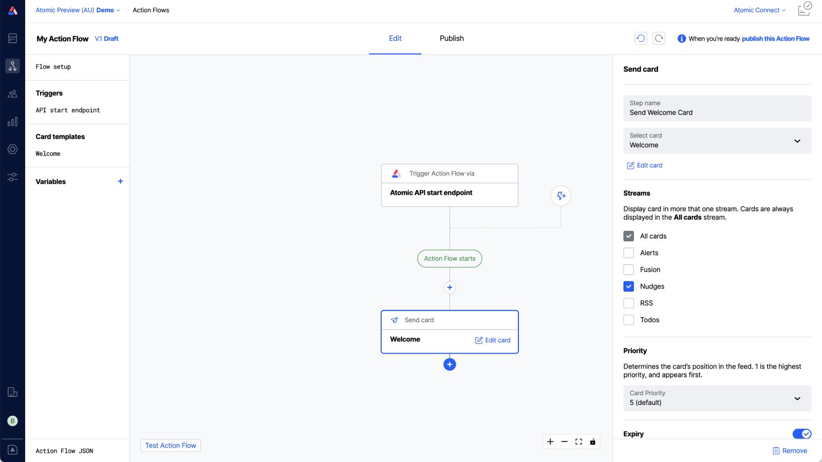 Workbench view of Action Flow canvas with a blank Action Flow