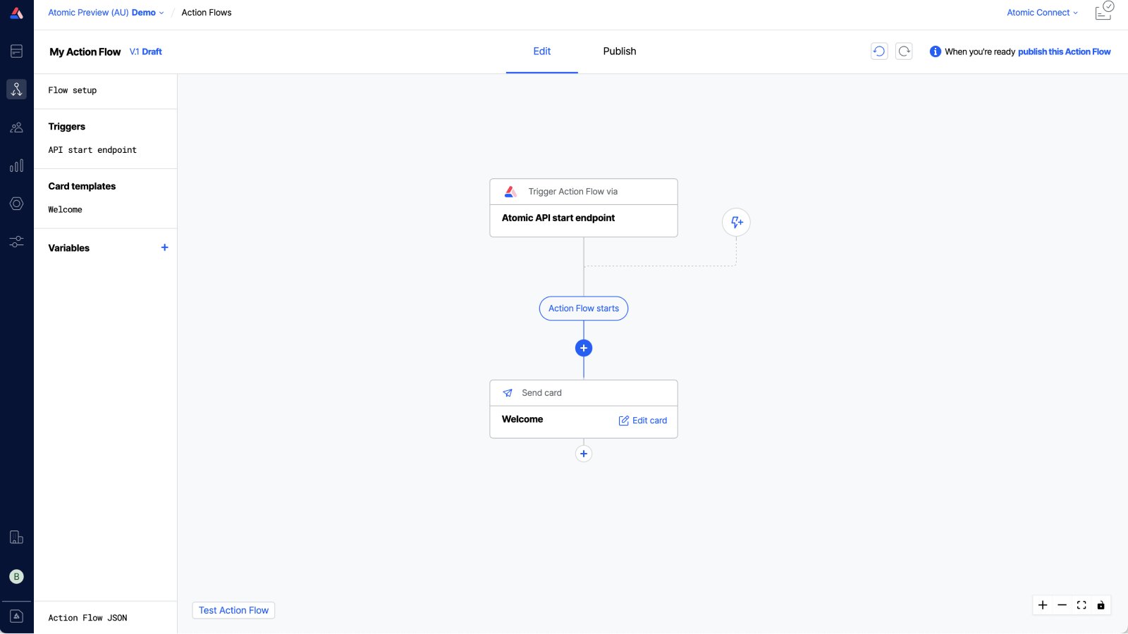 Workbench view of Action Flow canvas with a blank Action Flow