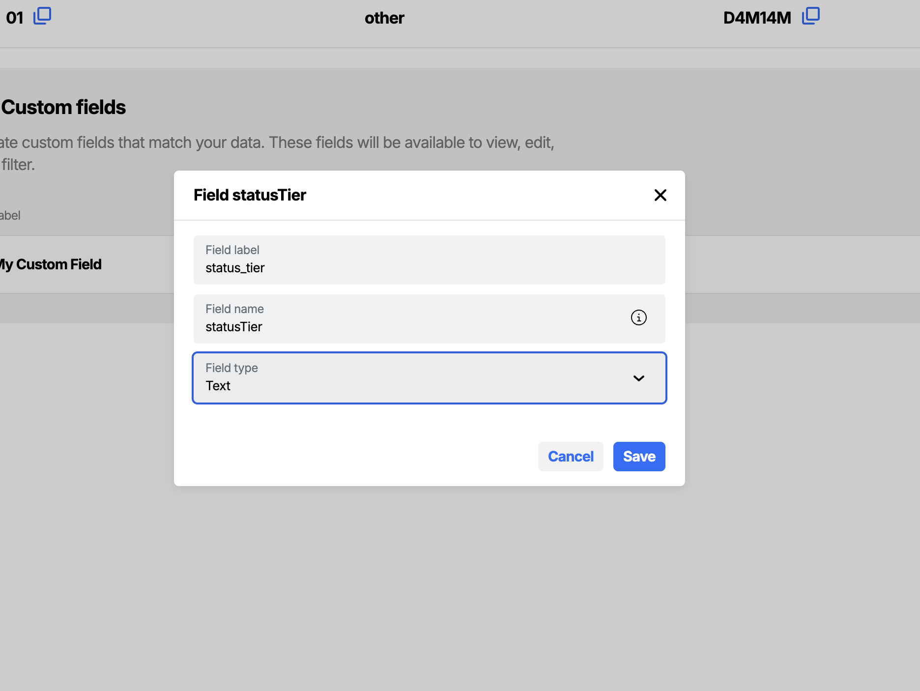 Screenshot of Custom fields config screen
