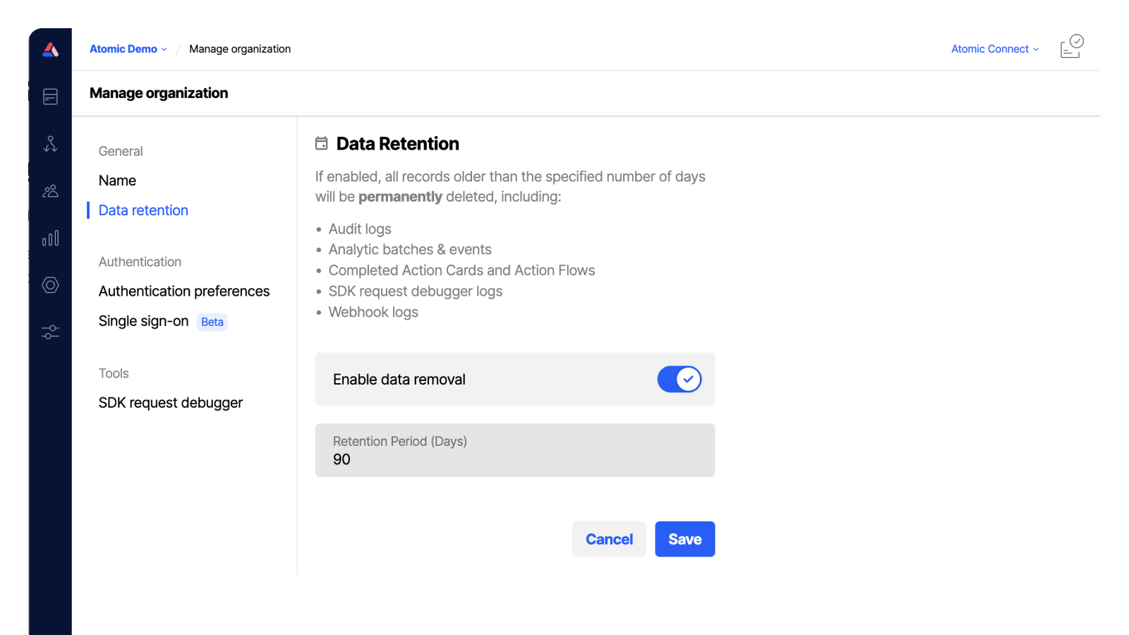 Workbench view of the data retention preferences section of the Organization's settings