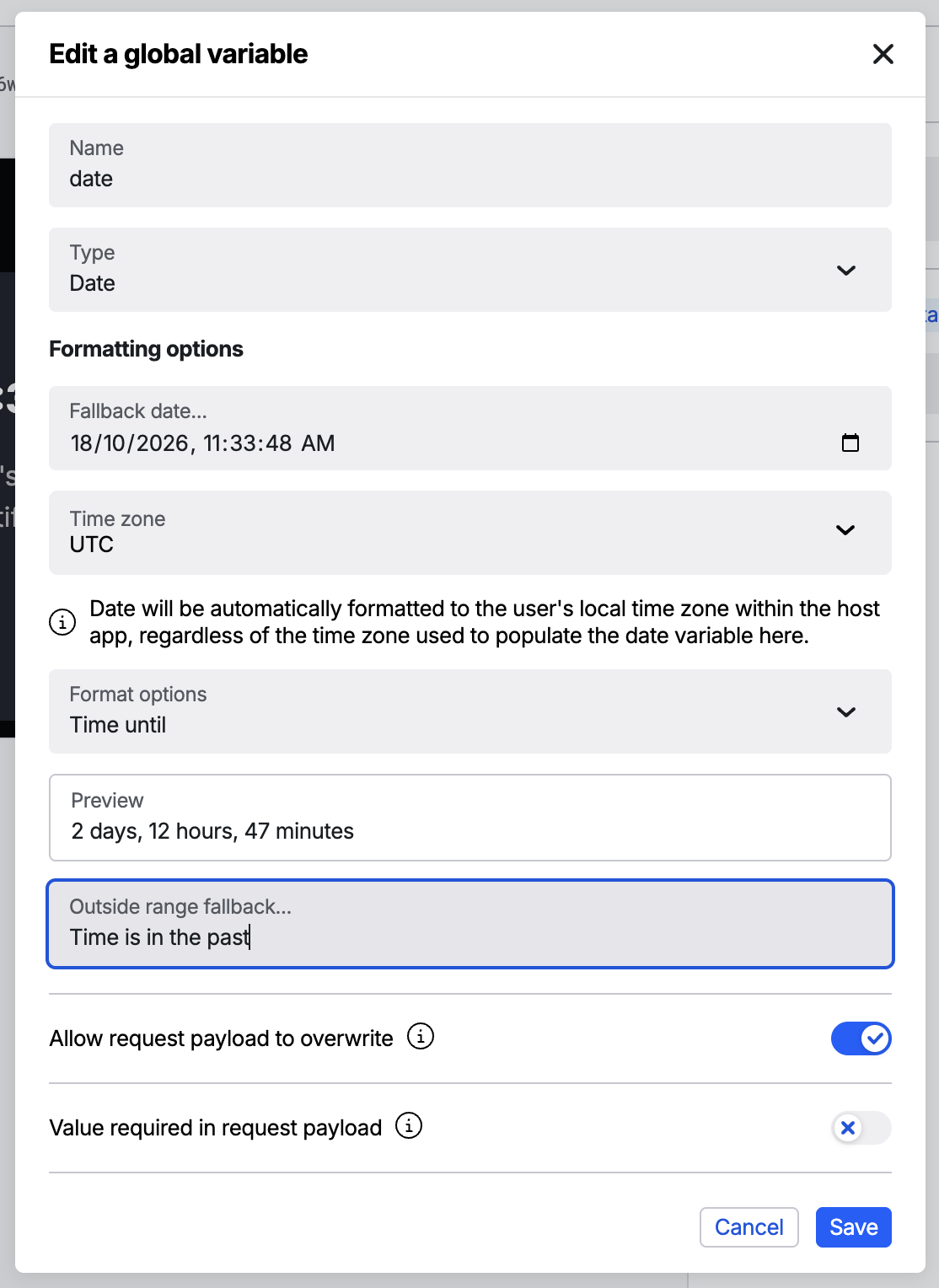 The Edit a global variable dialog with Type set to Date, Format options set to Time until, a Preview of 2 days, 12 hours, 47 minutes, and an Outside range fallback of Time is in the past