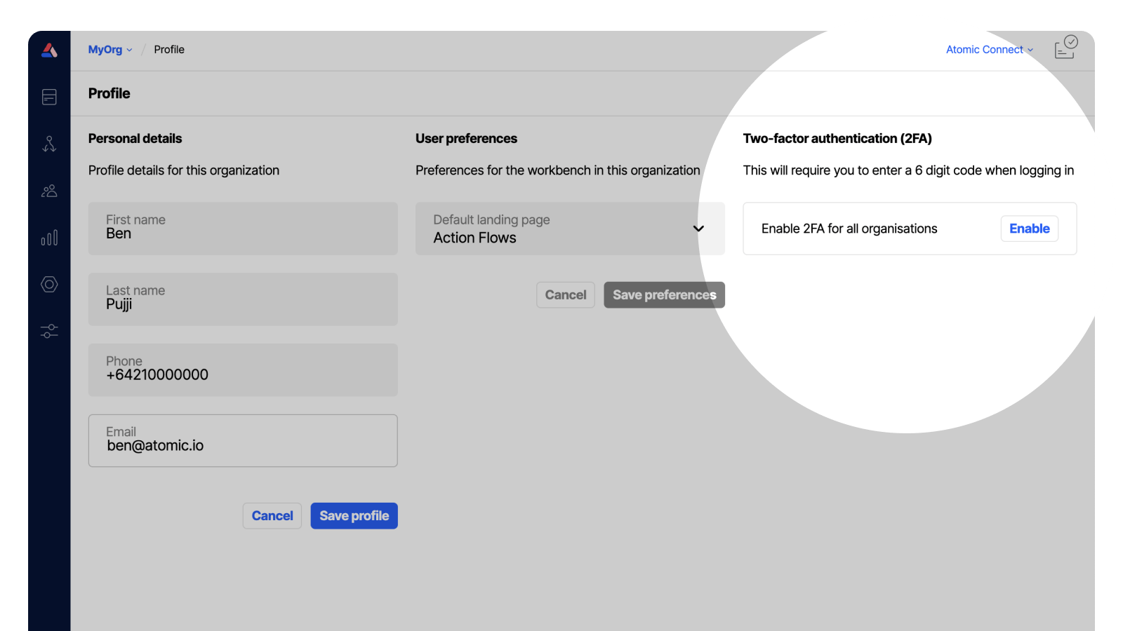 Screenshot of the workbench profile settings area