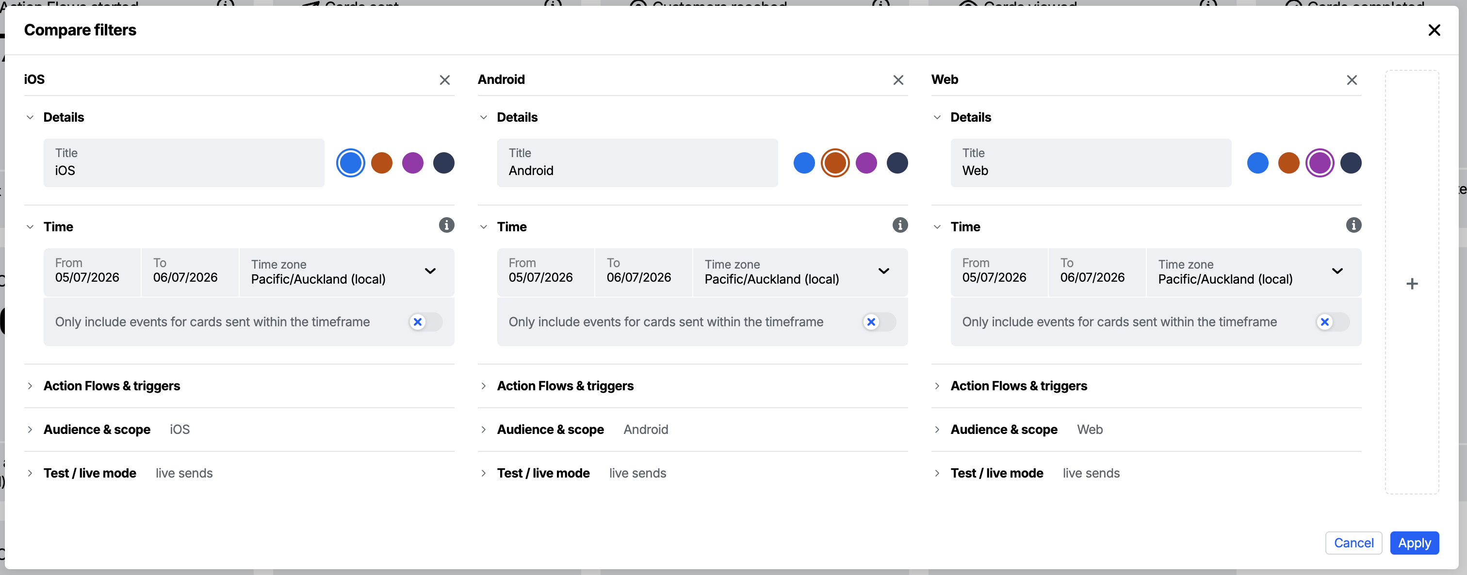 The Compare filters modal showing three filter sets side by side as columns - iOS, Android, and Web - each with a Details and Time section, and a + button on the right to add another set