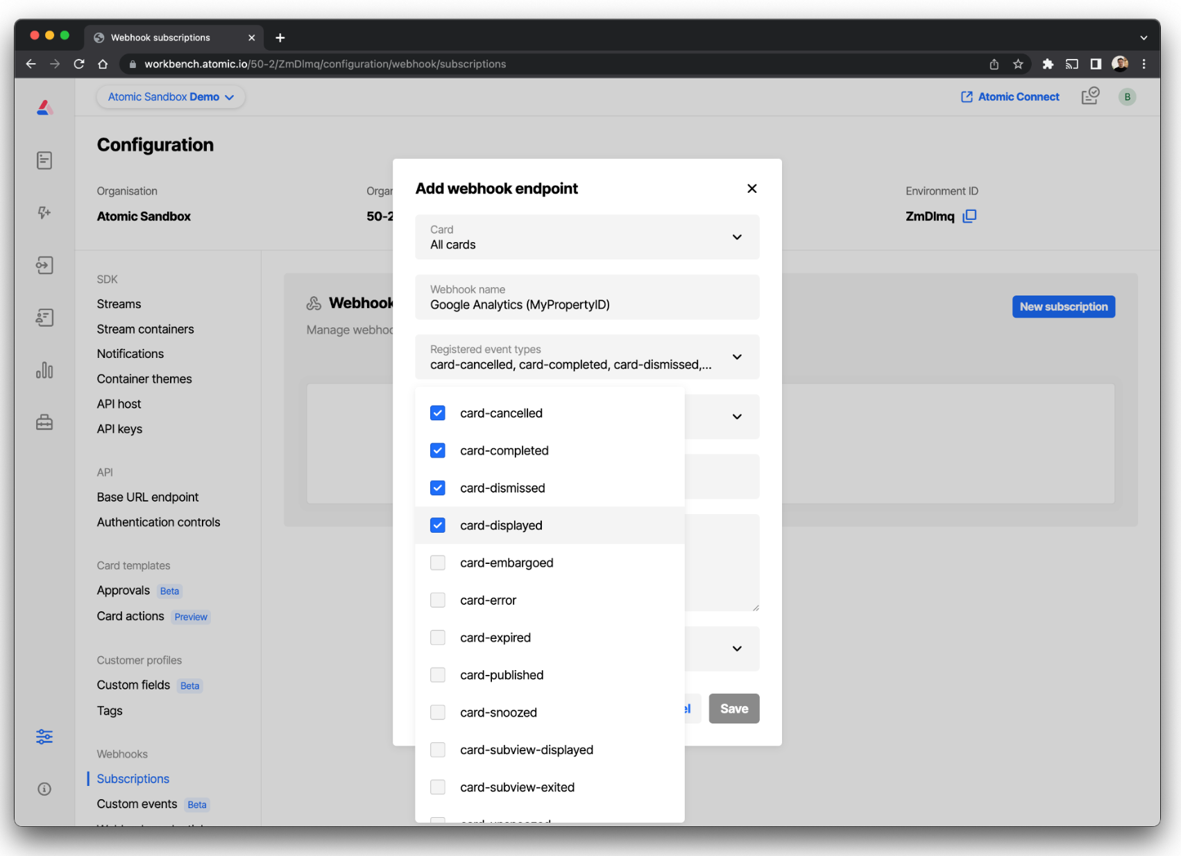 Screenshot of configuring a Webhook subscription in the Atomic Workbench