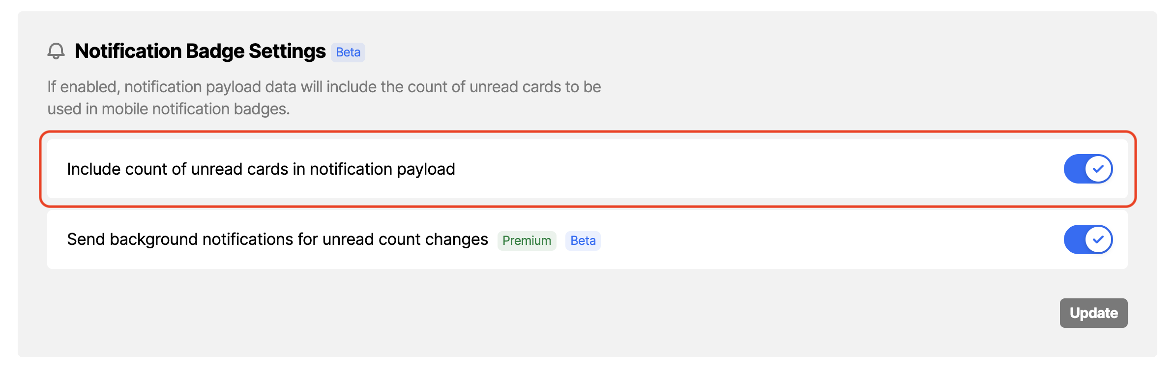 Workbench view of the option including count of unread cards in notification payload