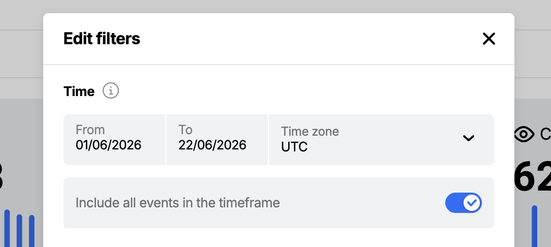 The Time section of the Insights filter modal showing the 'Include all events in the timeframe' toggle, with the date pickers and time zone selector above it