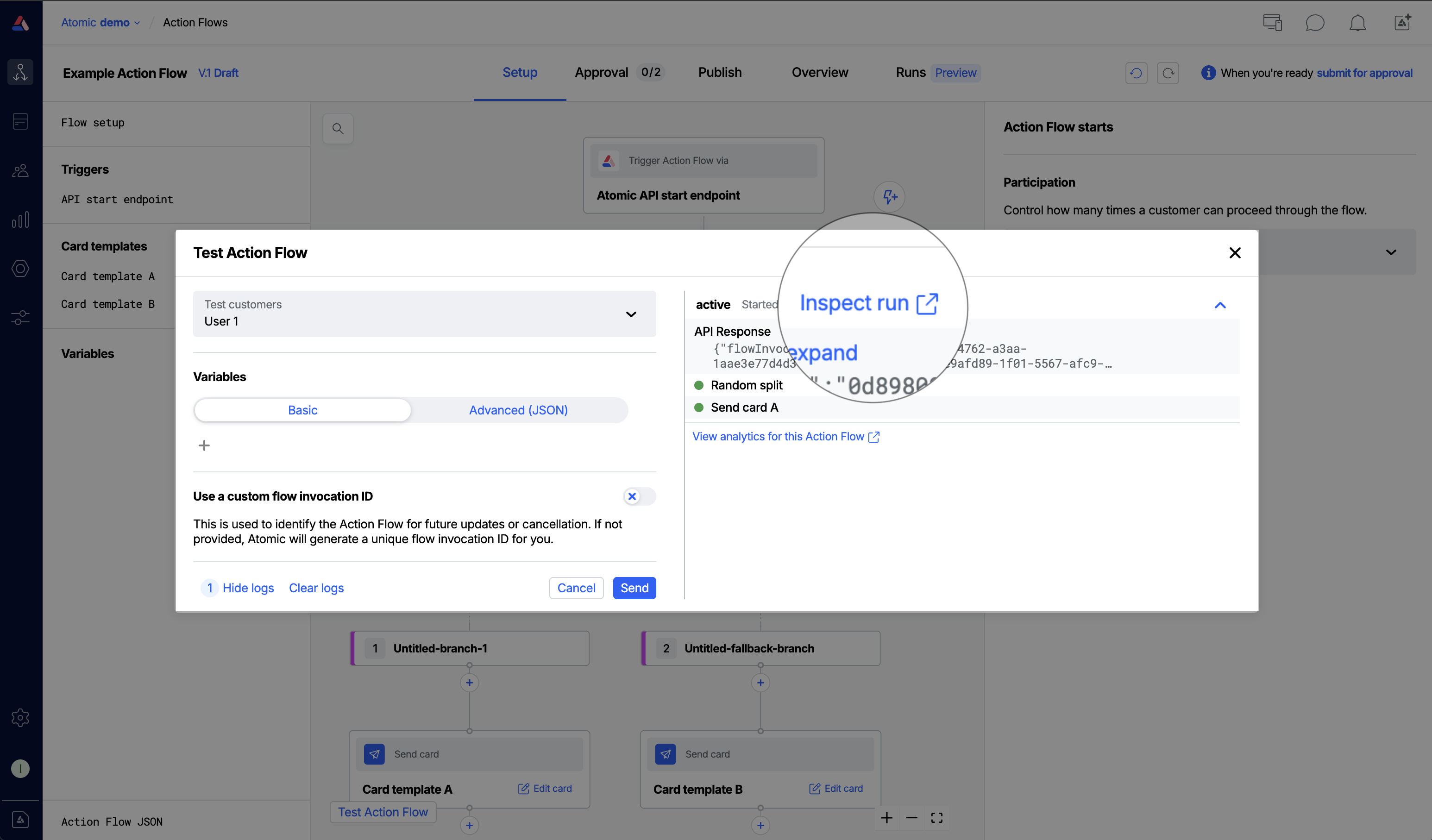 The Test Action Flow log panel showing an Inspect run link next to a triggered flow instance