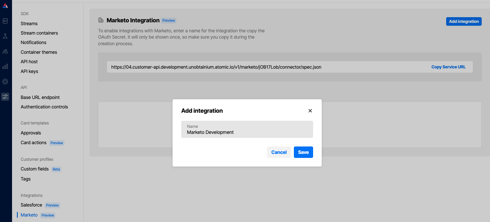 Screenshot of an input element to set the name of a new Marketo integration configuration