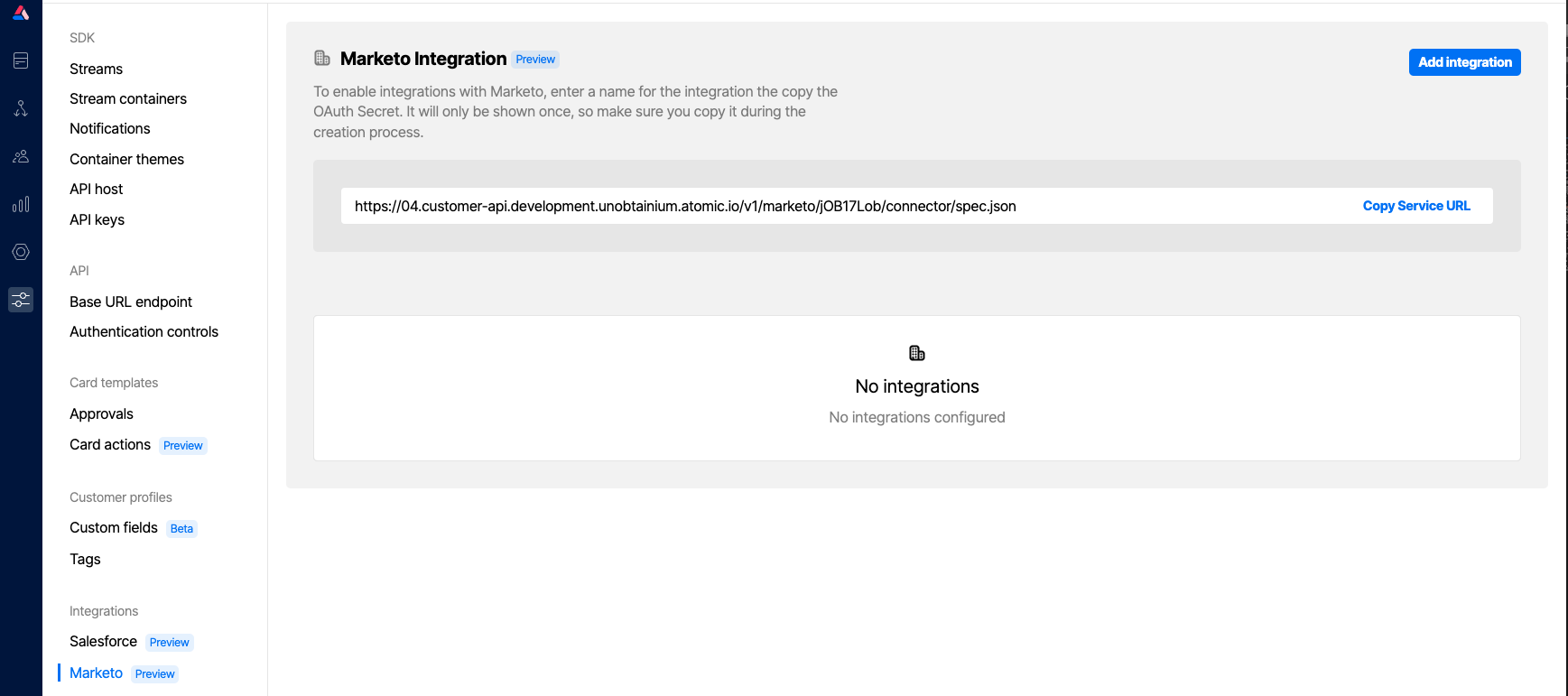 Marketo integration configuration in the Workbench