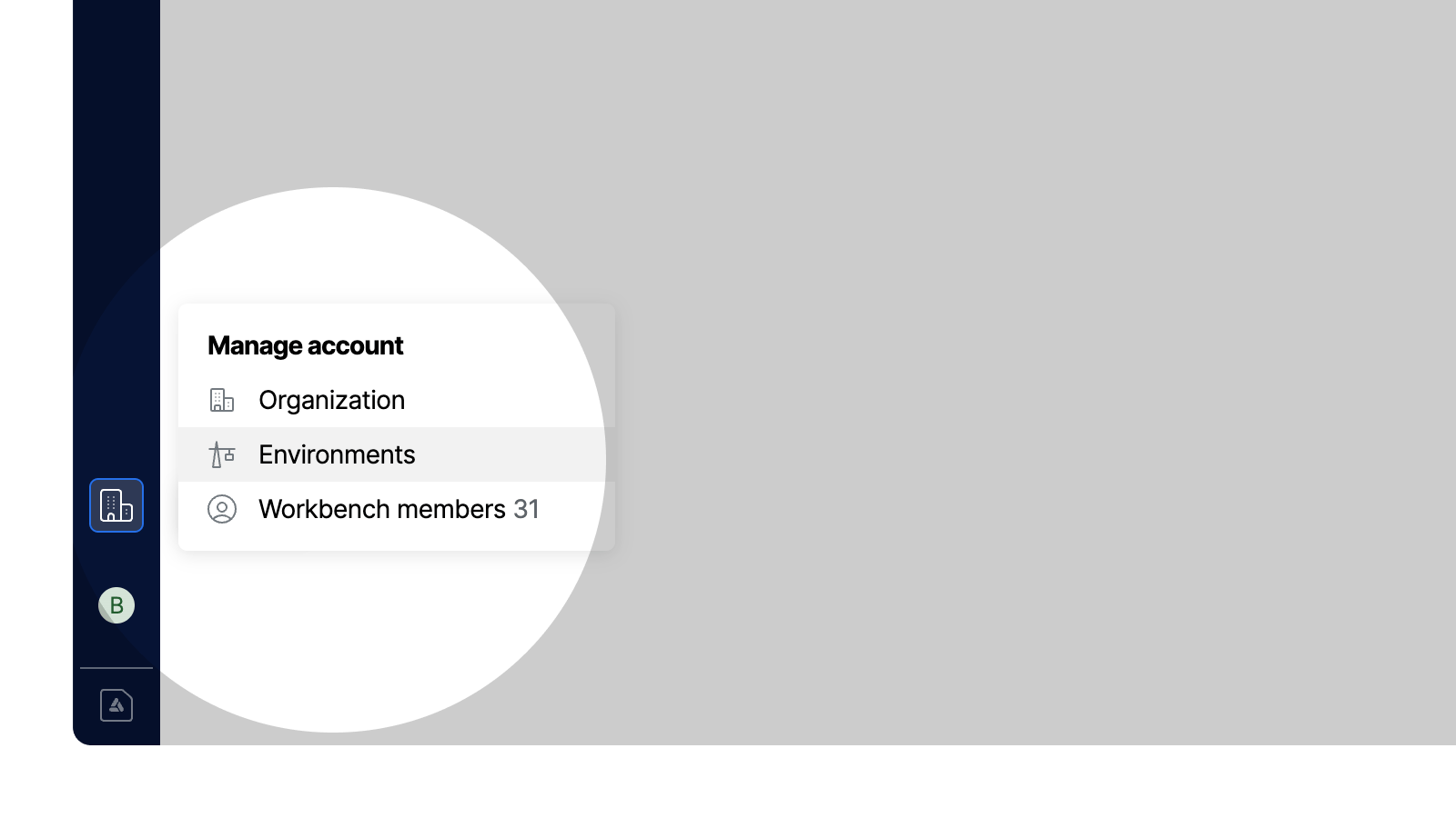 Workbench view of menu to open Environment settings