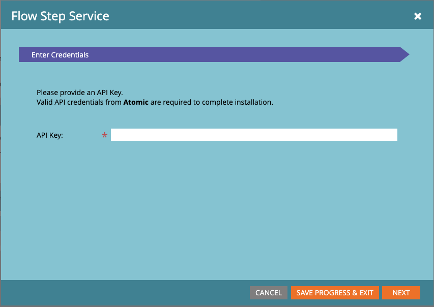 Screenshot of the Flow Step setup process where an API key is requested