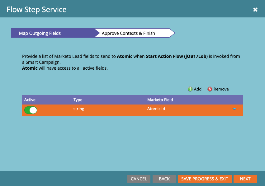 Screenshot of the Flow Step setup process where standard outgoing fields can be specified