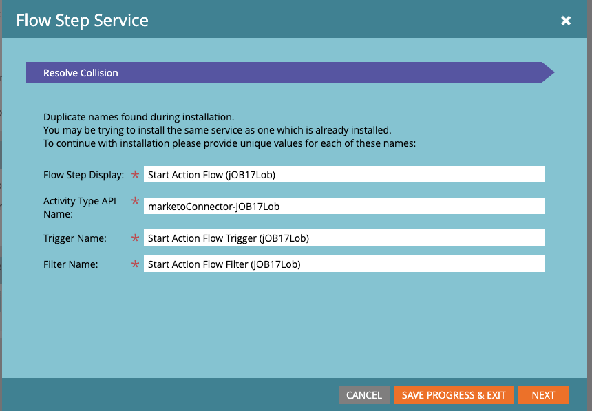 Screenshot of the Flow Step setup process where naming collisions may need to be resolved