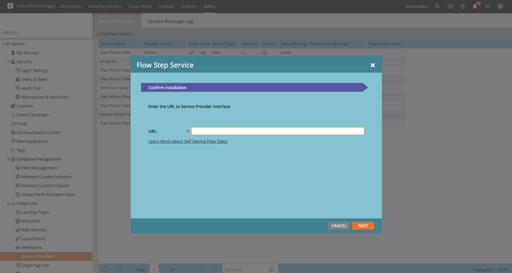 Screenshot of the Flow Step setup process