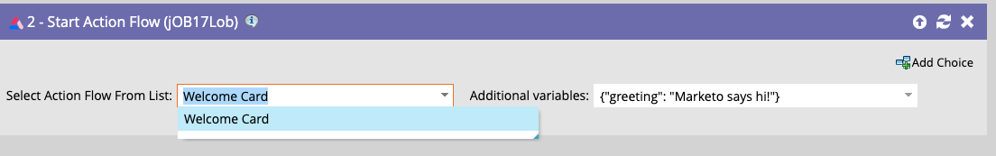 Screenshot of the Flow tab showing a Start Action Flow trigger step being configured