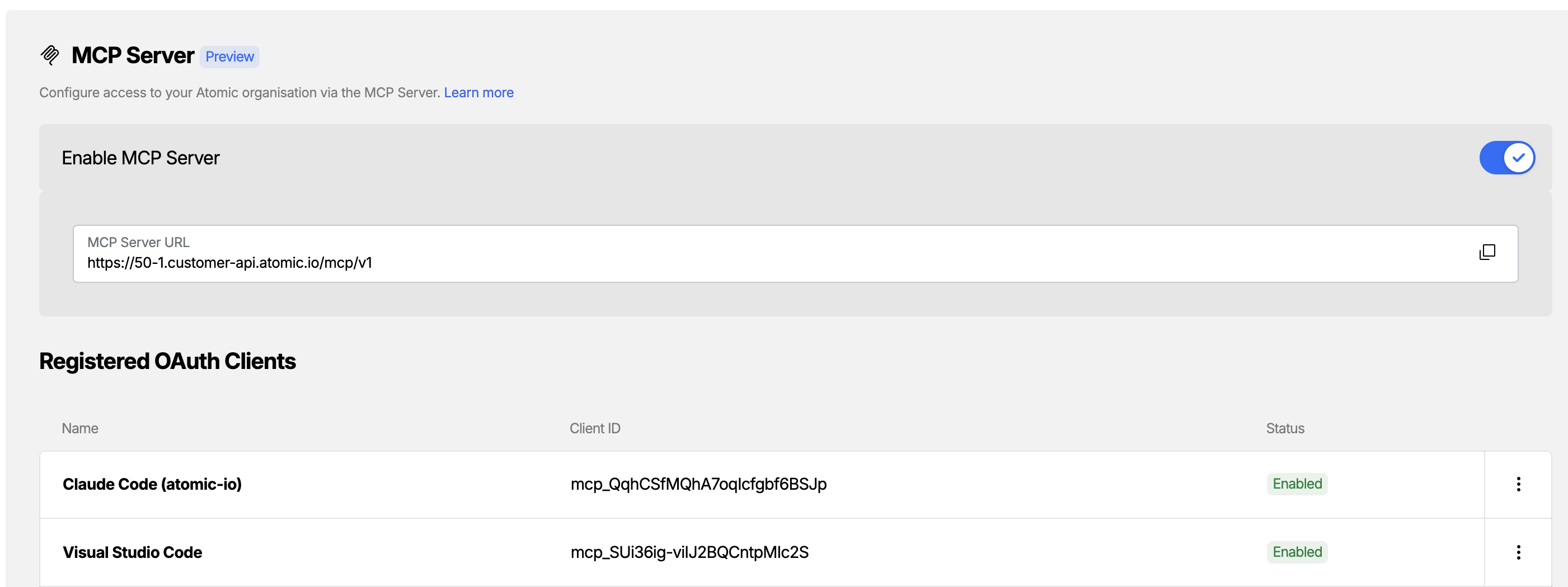 Workbench view of the client certificates list