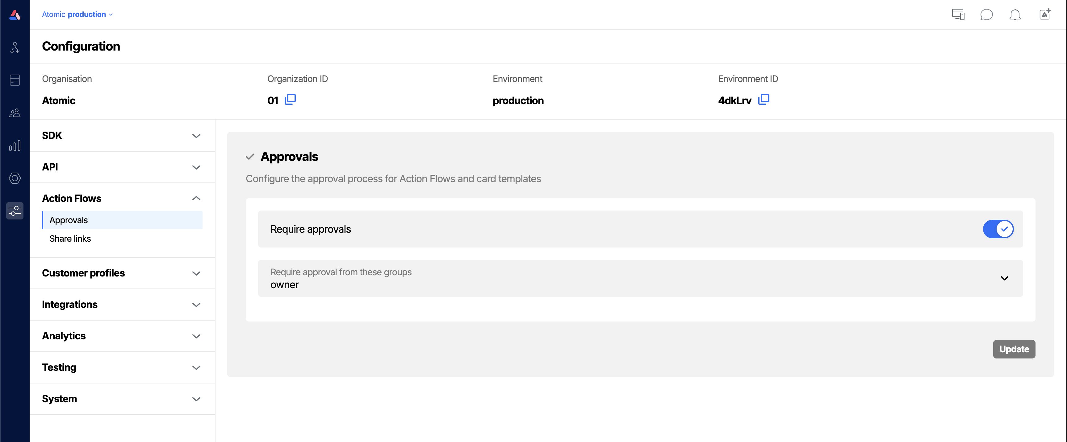 Screenshot showing the approvals configuration settings