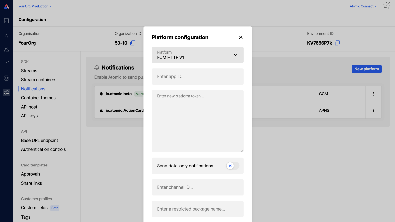 Workbench view of creating a push notification credential for Android