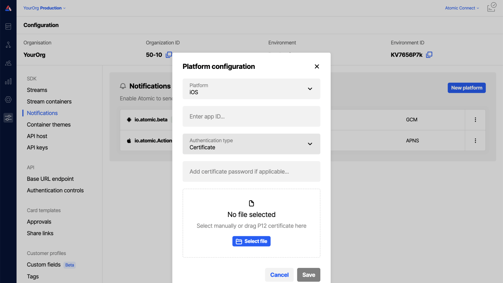 Workbench view of creating a push notification credential for iOS