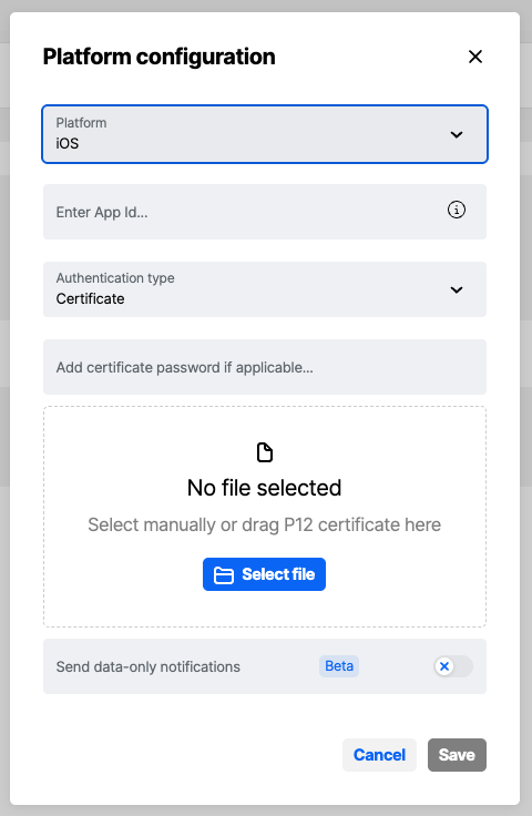 Workbench view of creating a push notification credential for iOS