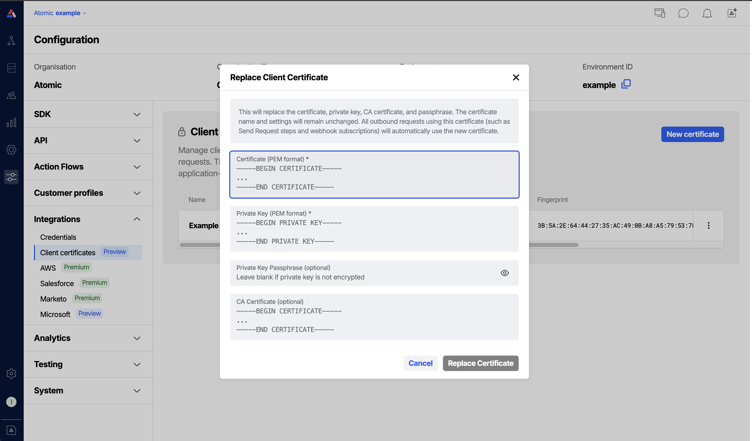 Workbench form for replacing a client certificate