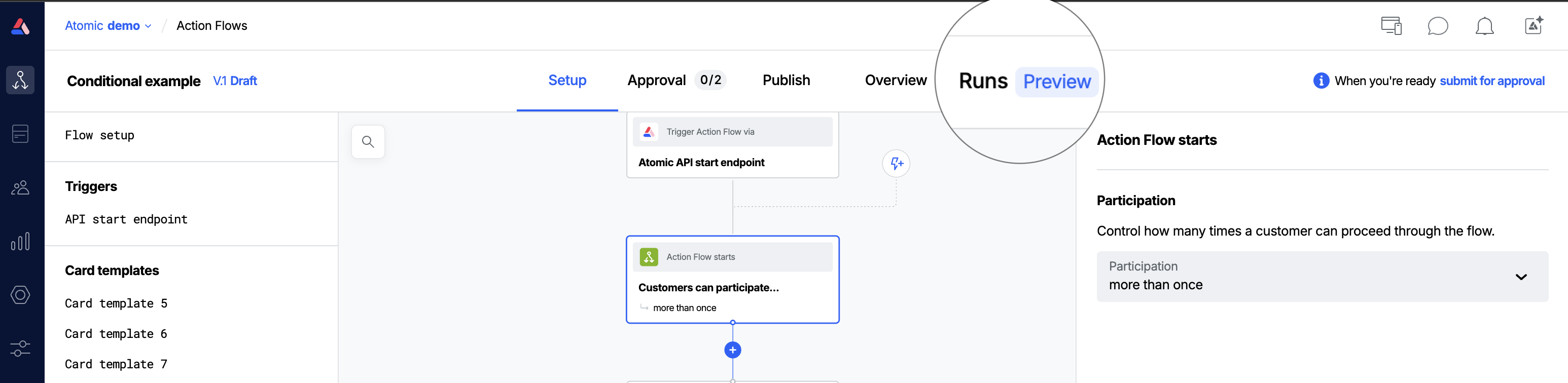 The Action Flow editor with the Runs tab highlighted