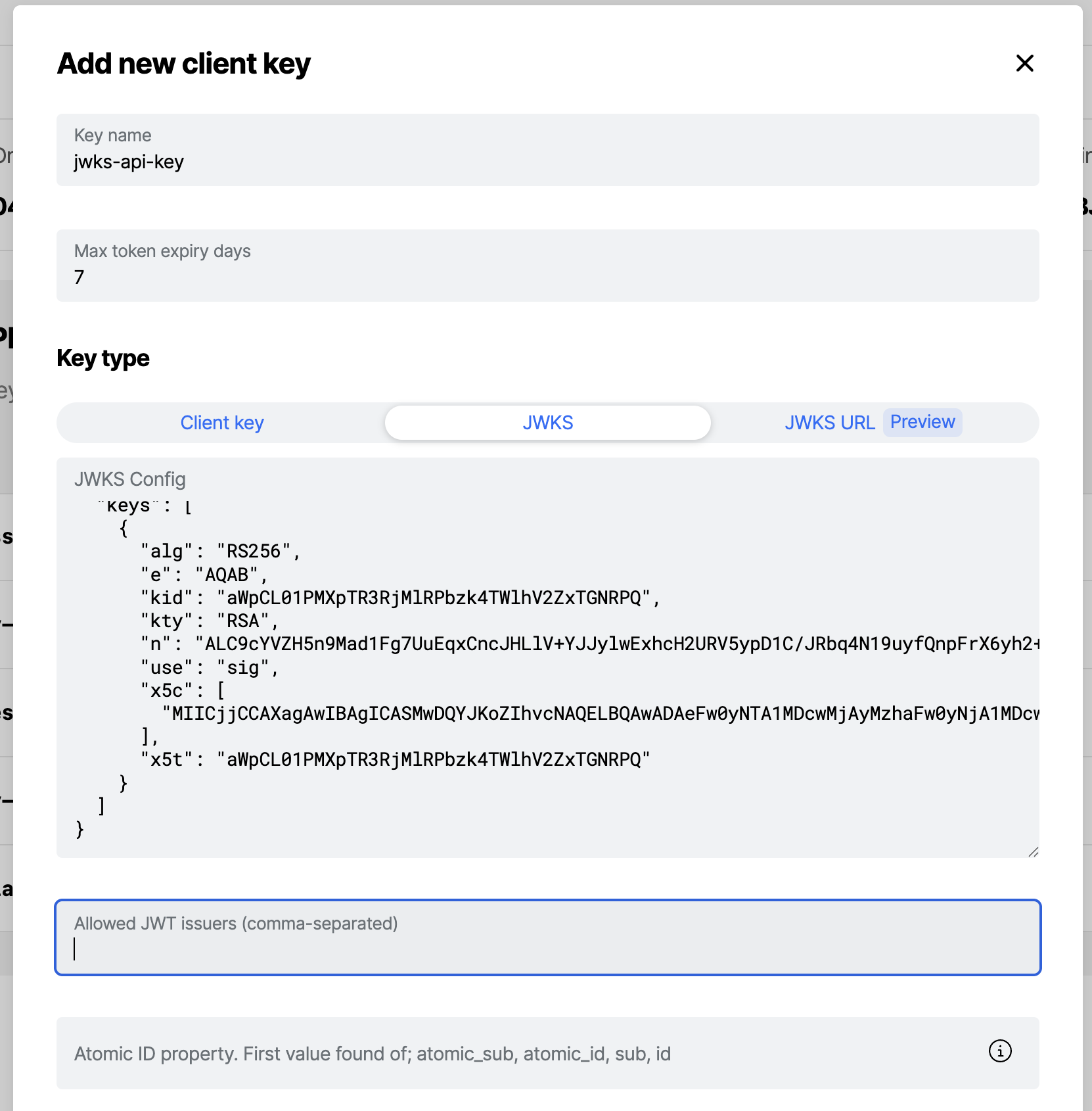 Workbench view of creating a new JWKS SDK API key