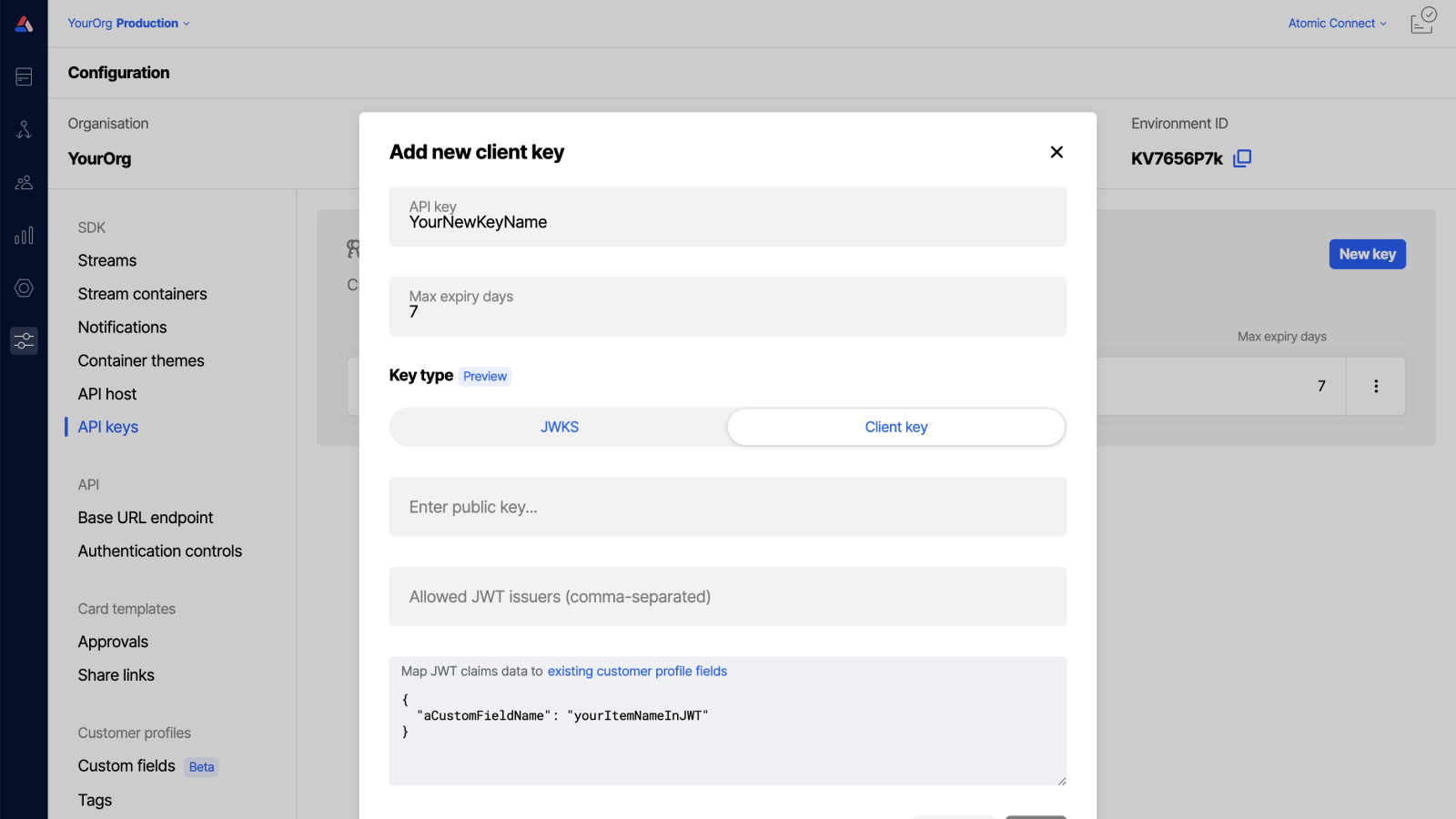 Workbench view of defining a JWT mapping while configuring an SDK API key