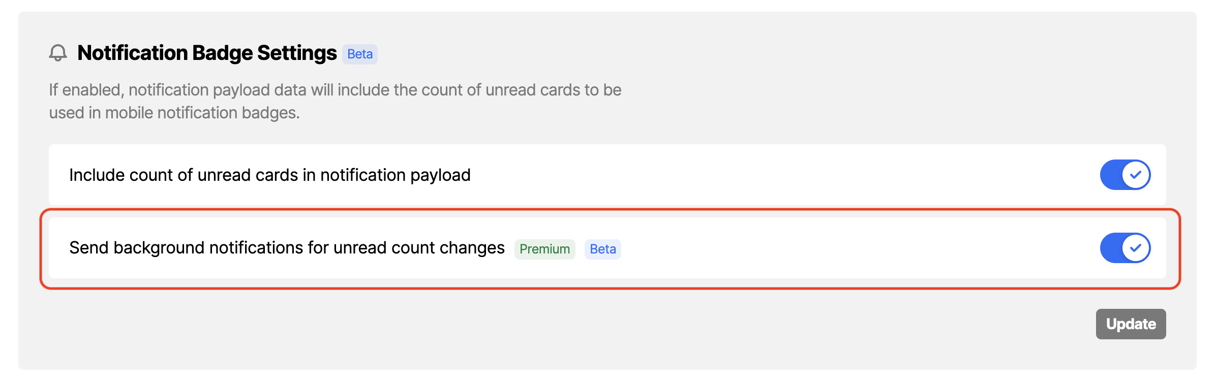 Workbench view of the option sending background notifications for unread count changes