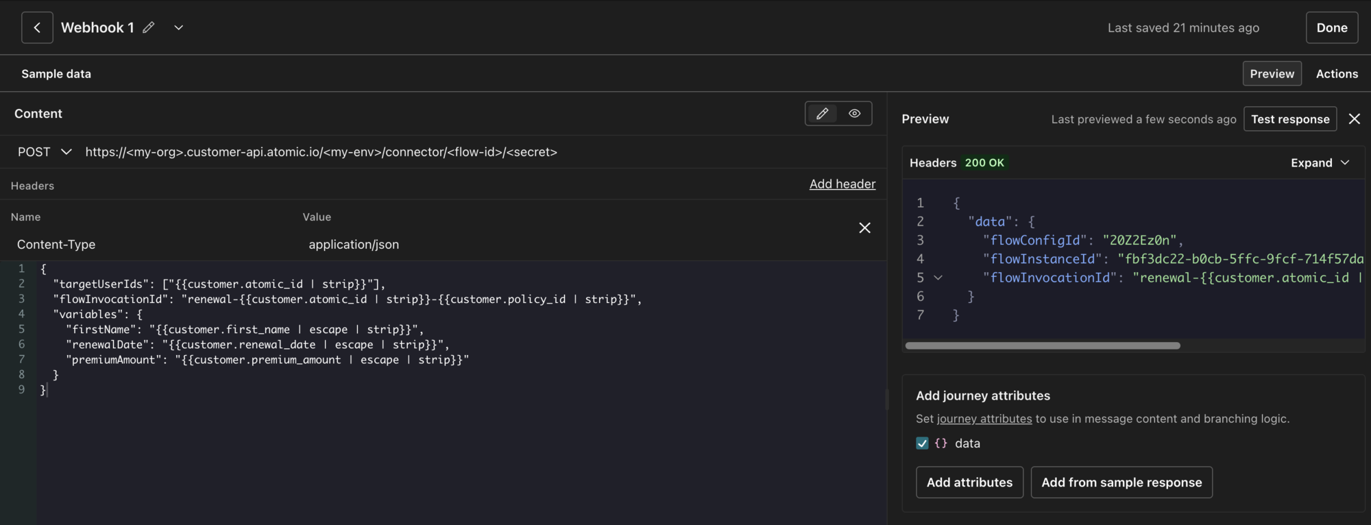 The Customer.io Send Data action, showing the POST method and Atomic endpoint URL, a Content-Type header of application/json, the Liquid request body, and a preview panel with a 200 OK response from Atomic.