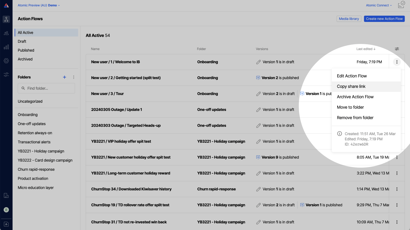 Workbench view of Action Flow list with focus on the create new flow button